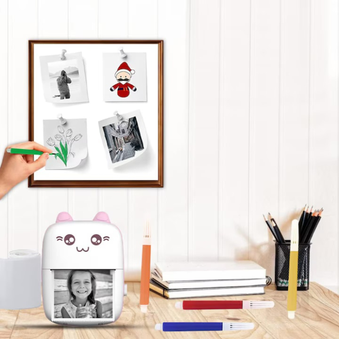 Set mini imprimanta termica si 10 role VarioShop®, Bluetooth, Compatibil iOS/Android, Imprimare APP, 1200 mAh, rola termica inclusa, model pisicuta cu urechiuse roze, 11 x 8 x 4 cm, Roz [11]
