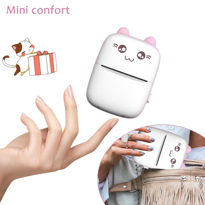 Set mini imprimanta termica si 10 role VarioShop®, Bluetooth, Compatibil iOS/Android, Imprimare APP, 1200 mAh, rola termica inclusa, model pisicuta cu urechiuse roze, 11 x 8 x 4 cm, Roz [8]
