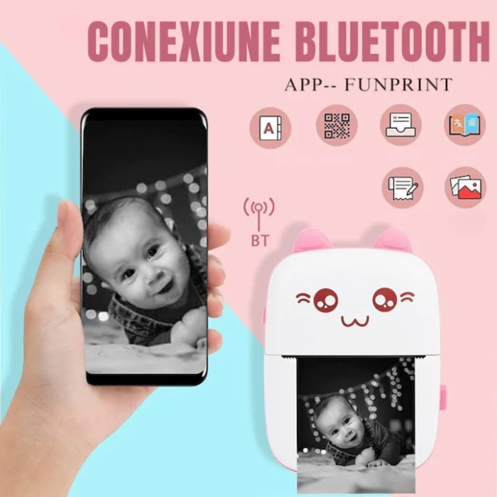 Set mini imprimanta termica si 10 role VarioShop®, Bluetooth, Compatibil iOS/Android, Imprimare APP, 1200 mAh, rola termica inclusa, model pisicuta cu urechiuse roze, 11 x 8 x 4 cm, Roz [3]