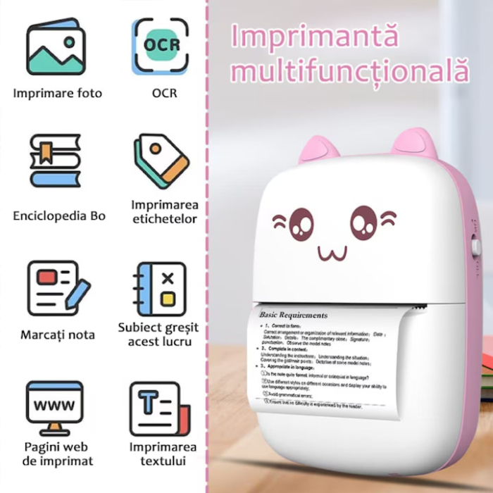 Set mini imprimanta termica si 10 role VarioShop®, Bluetooth, Compatibil iOS/Android, Imprimare APP, 1200 mAh, rola termica inclusa, model pisicuta cu urechiuse roze, 11 x 8 x 4 cm, Roz [2]