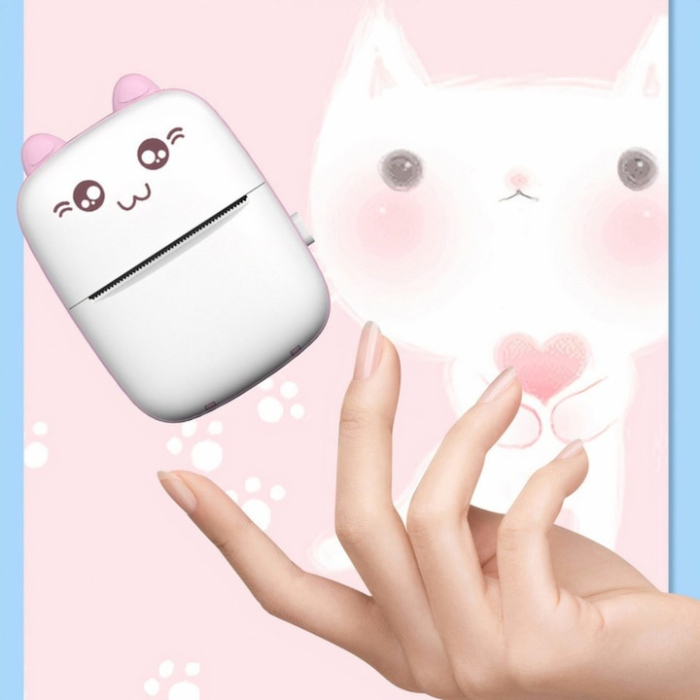 Set mini imprimanta termica si 10 role VarioShop®, Bluetooth, Compatibil iOS/Android, Imprimare APP, 1200 mAh, rola termica inclusa, model pisicuta cu urechiuse roze, 11 x 8 x 4 cm, Roz [12]