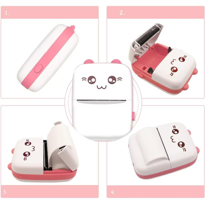 Set mini imprimanta termica si 10 role VarioShop®, Bluetooth, Compatibil iOS/Android, Imprimare APP, 1200 mAh, rola termica inclusa, model pisicuta cu urechiuse roze, 11 x 8 x 4 cm, Roz [10]