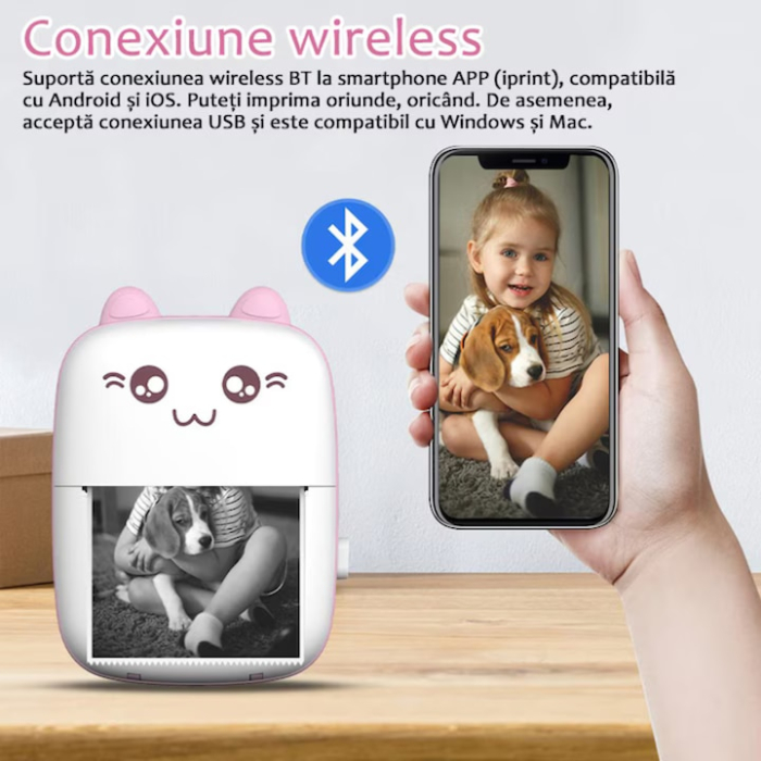 Set mini imprimanta termica si 10 role VarioShop®, Bluetooth, Compatibil iOS/Android, Imprimare APP, 1200 mAh, rola termica inclusa, model pisicuta cu urechiuse roze, 11 x 8 x 4 cm, Roz [4]