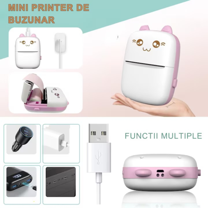 Set mini imprimanta termica si 10 role VarioShop®, Bluetooth, Compatibil iOS/Android, Imprimare APP, 1200 mAh, rola termica inclusa, model pisicuta cu urechiuse roze, 11 x 8 x 4 cm, Roz [7]