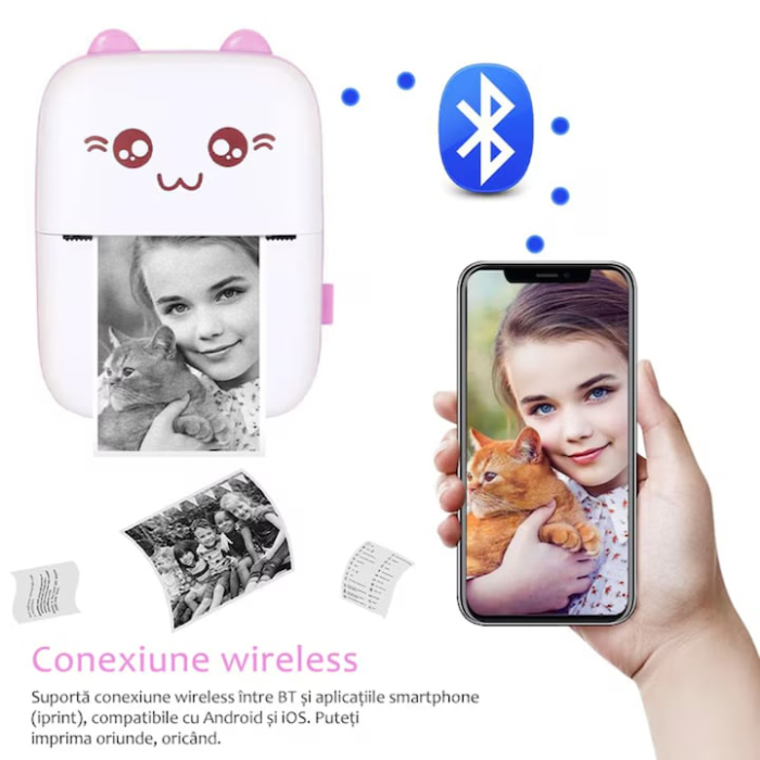 Set mini imprimanta termica si 10 role VarioShop®, Bluetooth, Compatibil iOS/Android, Imprimare APP, 1200 mAh, rola termica inclusa, model pisicuta cu urechiuse roze, 11 x 8 x 4 cm, Roz [5]