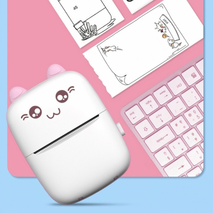 Set mini imprimanta termica si 10 role VarioShop®, Bluetooth, Compatibil iOS/Android, Imprimare APP, 1200 mAh, rola termica inclusa, model pisicuta cu urechiuse roze, 11 x 8 x 4 cm, Roz [9]