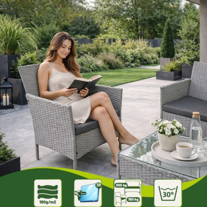 Set mobilier gradina ratan gri VarioShop®, canapea, 2 fotolii si masa, pentru terasa si exterior, design modern [2]