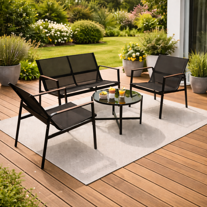 Set mobilier gradina Varioshop 4 piese negru, canapea, 2 fotolii si masa sticla securizata, rezistent exterior, ideal balcon si terasa [4]