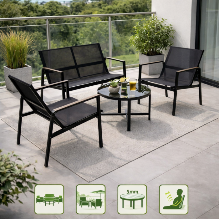 Set mobilier gradina Varioshop 4 piese negru, canapea, 2 fotolii si masa sticla securizata, rezistent exterior, ideal balcon si terasa [9]