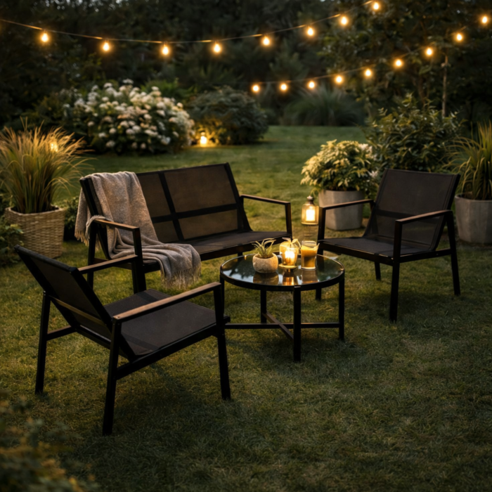 Set mobilier gradina Varioshop 4 piese negru, canapea, 2 fotolii si masa sticla securizata, rezistent exterior, ideal balcon si terasa [2]