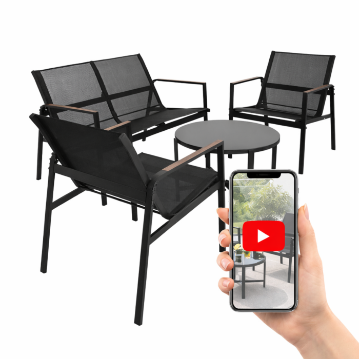 Set mobilier gradina Varioshop 4 piese negru, canapea, 2 fotolii si masa sticla securizata, rezistent exterior, ideal balcon si terasa [12]