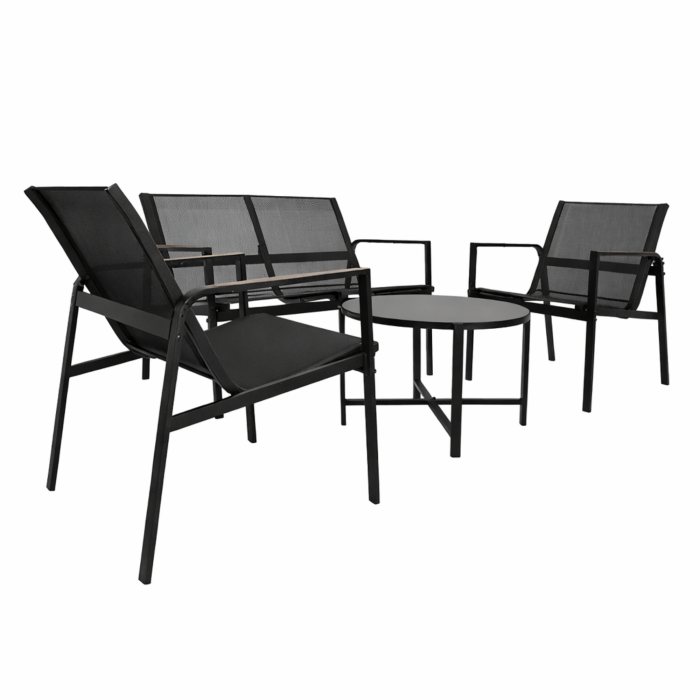 Set mobilier gradina Varioshop 4 piese negru, canapea, 2 fotolii si masa sticla securizata, rezistent exterior, ideal balcon si terasa [13]