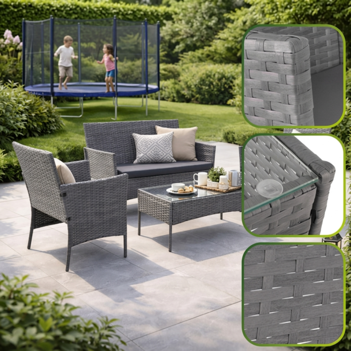 Set mobilier gradina VarioShop din ratan gri inchis, canapea 2 locuri, 2 fotolii, masa sticla, perne incluse, mobilier exterior terasa balcon, rezistent la intemperii [2]