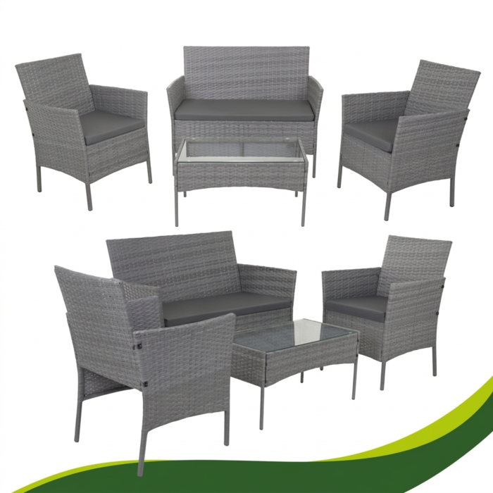 Set mobilier gradina VarioShop din ratan gri inchis, canapea 2 locuri, 2 fotolii, masa sticla, perne incluse, mobilier exterior terasa balcon, rezistent la intemperii [6]