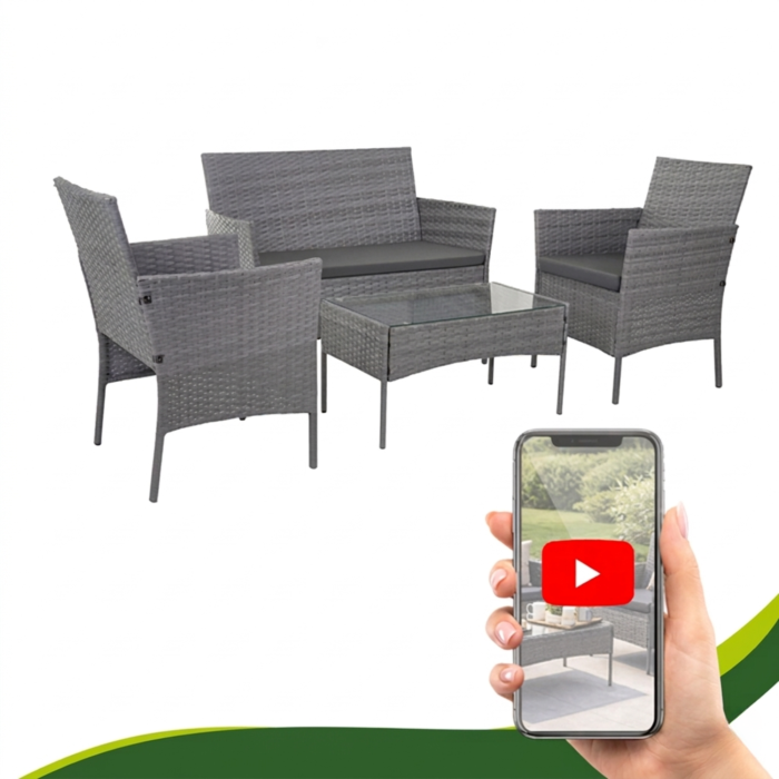 Set mobilier gradina VarioShop din ratan gri inchis, canapea 2 locuri, 2 fotolii, masa sticla, perne incluse, mobilier exterior terasa balcon, rezistent la intemperii [8]