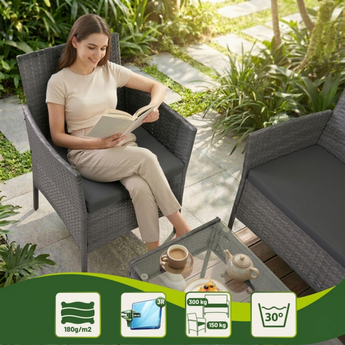 Set mobilier gradina VarioShop din ratan gri inchis, canapea 2 locuri, 2 fotolii, masa sticla, perne incluse, mobilier exterior terasa balcon, rezistent la intemperii [4]