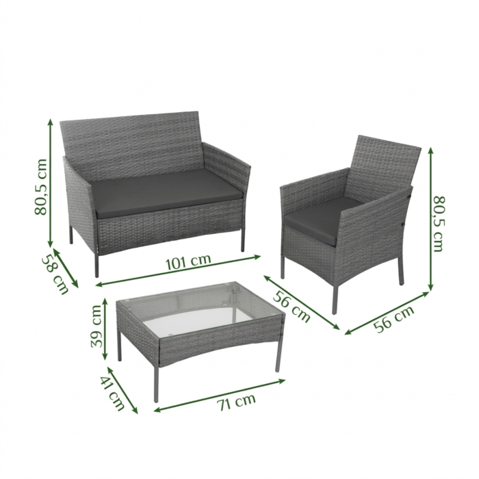 Set mobilier gradina VarioShop din ratan gri inchis, canapea 2 locuri, 2 fotolii, masa sticla, perne incluse, mobilier exterior terasa balcon, rezistent la intemperii [3]