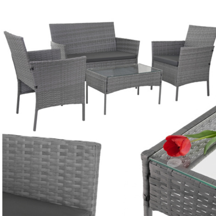 Set mobilier gradina VarioShop din ratan gri inchis, canapea 2 locuri, 2 fotolii, masa sticla, perne incluse, mobilier exterior terasa balcon, rezistent la intemperii [5]