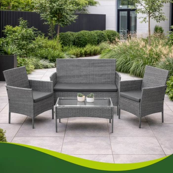 Set mobilier gradina VarioShop din ratan gri inchis, canapea 2 locuri, 2 fotolii, masa sticla, perne incluse, mobilier exterior terasa balcon, rezistent la intemperii [7]