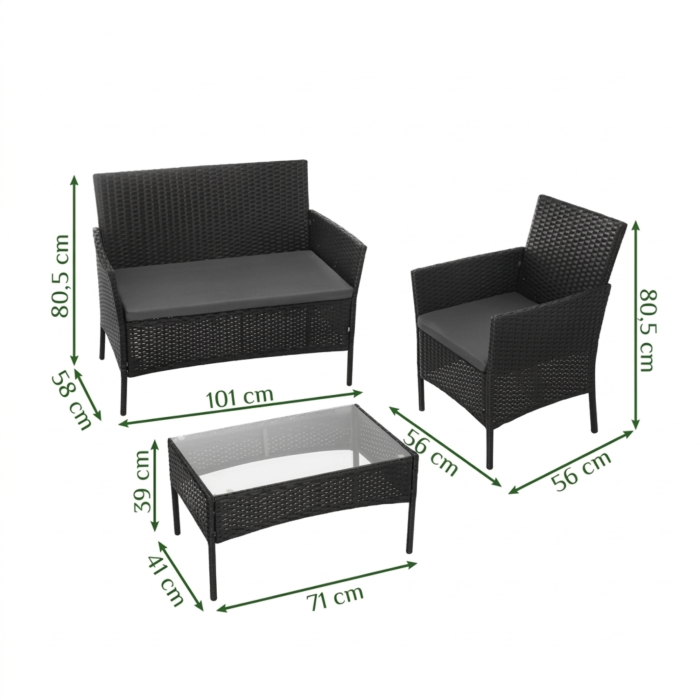 Set mobilier gradina VarioShop din ratan negru – canapea 2 locuri, 2 fotolii, masa cu sticla si perne, mobilier exterior terasa balcon [3]