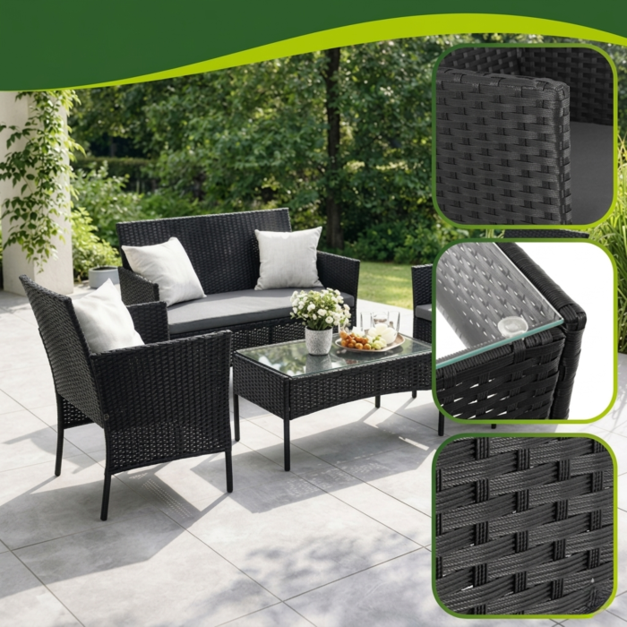 Set mobilier gradina VarioShop din ratan negru – canapea 2 locuri, 2 fotolii, masa cu sticla si perne, mobilier exterior terasa balcon [4]
