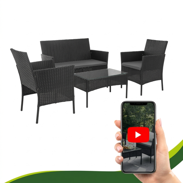 Set mobilier gradina VarioShop din ratan negru – canapea 2 locuri, 2 fotolii, masa cu sticla si perne, mobilier exterior terasa balcon [7]
