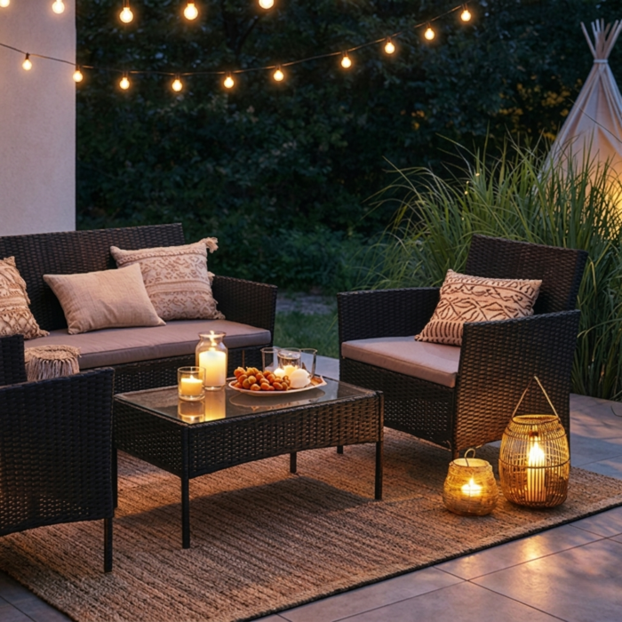 Set mobilier gradina VarioShop din ratan negru – canapea 2 locuri, 2 fotolii, masa cu sticla si perne, mobilier exterior terasa balcon [2]