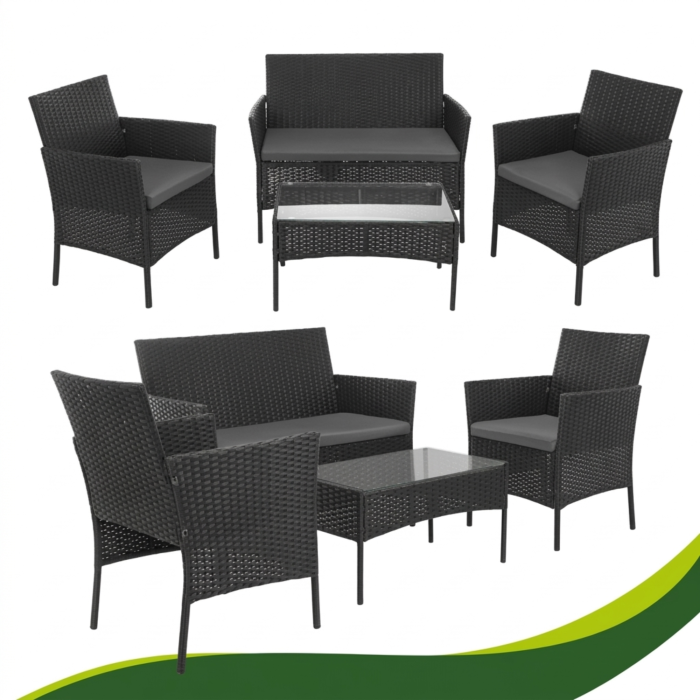 Set mobilier gradina VarioShop din ratan negru – canapea 2 locuri, 2 fotolii, masa cu sticla si perne, mobilier exterior terasa balcon [8]