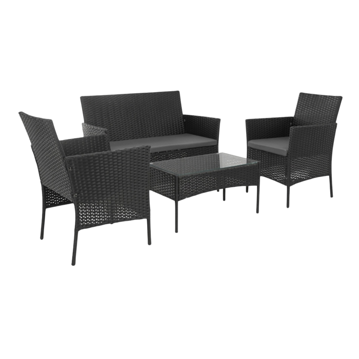 Set mobilier gradina VarioShop din ratan negru – canapea 2 locuri, 2 fotolii, masa cu sticla si perne, mobilier exterior terasa balcon [11]