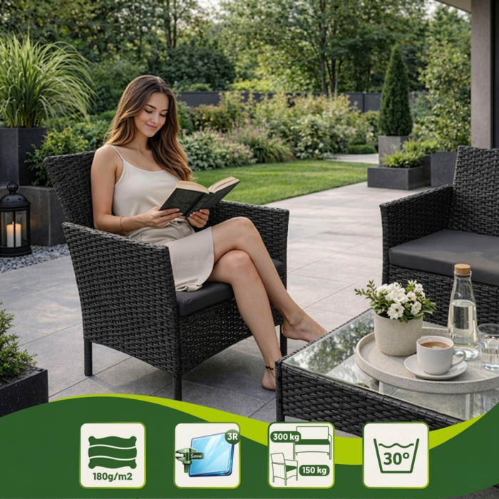 Set mobilier gradina VarioShop din ratan negru – canapea 2 locuri, 2 fotolii, masa cu sticla si perne, mobilier exterior terasa balcon [6]