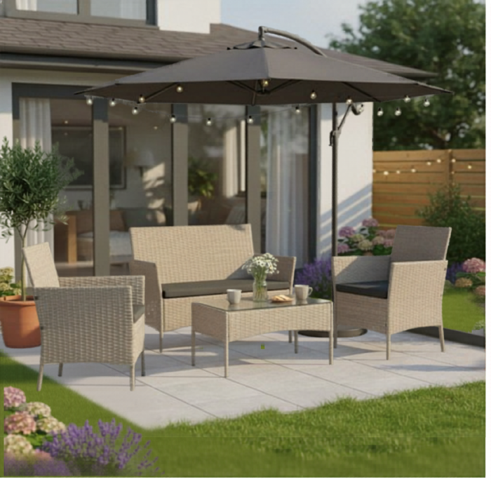 Set mobilier gradina Varioshop din technoratan bej, canapea 2 locuri, 2 fotolii si masa cu blat din sticla, cu perne, pentru terasa balcon si exterior [2]