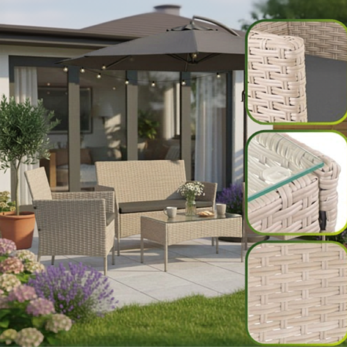 Set mobilier gradina Varioshop din technoratan bej, canapea 2 locuri, 2 fotolii si masa cu blat din sticla, cu perne, pentru terasa balcon si exterior [4]