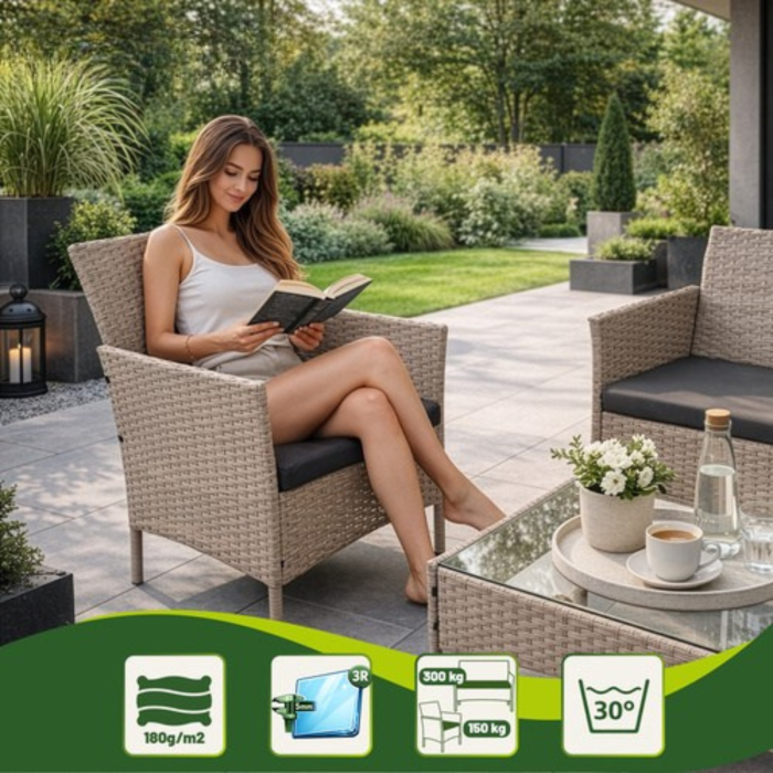 Set mobilier gradina Varioshop din technoratan bej, canapea 2 locuri, 2 fotolii si masa cu blat din sticla, cu perne, pentru terasa balcon si exterior [8]