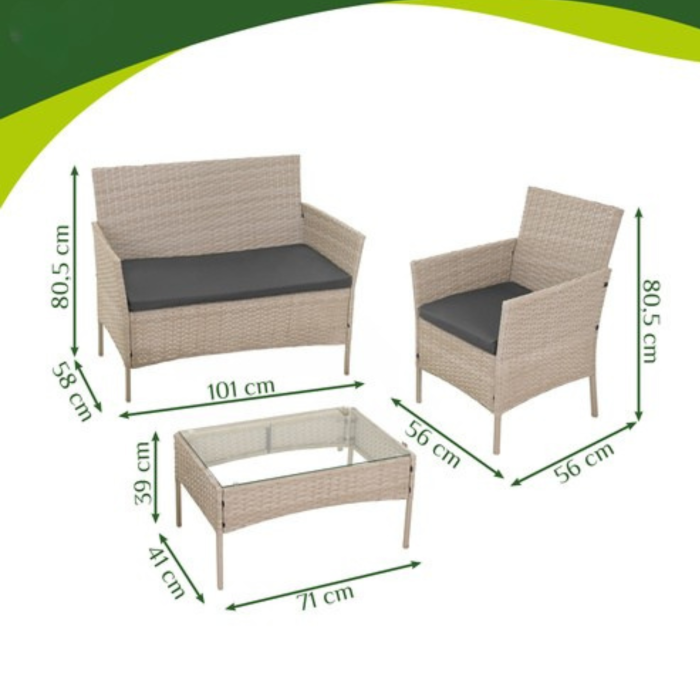 Set mobilier gradina Varioshop din technoratan bej, canapea 2 locuri, 2 fotolii si masa cu blat din sticla, cu perne, pentru terasa balcon si exterior [7]