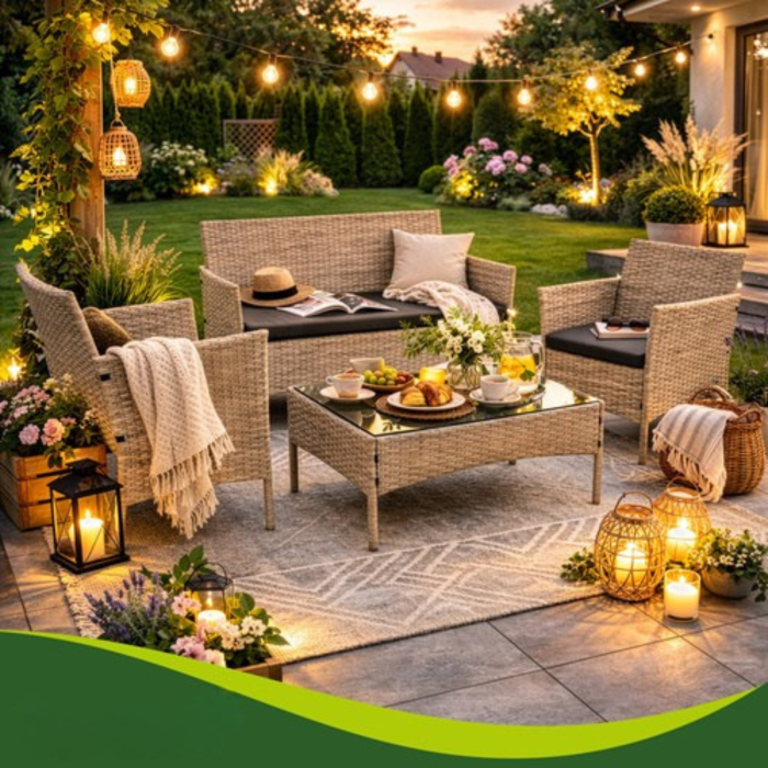 Set mobilier gradina Varioshop din technoratan bej, canapea 2 locuri, 2 fotolii si masa cu blat din sticla, cu perne, pentru terasa balcon si exterior [5]