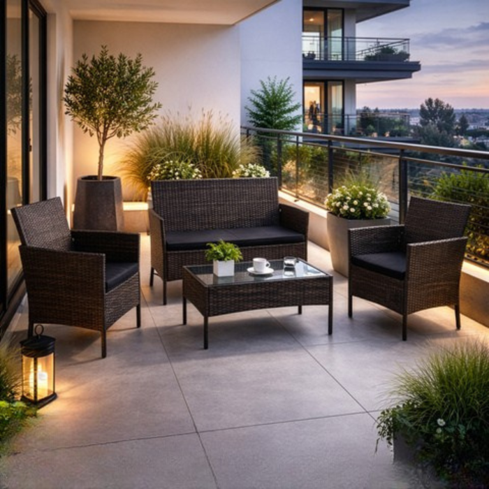 Set mobilier gradina VarioShop®, technoratan maro, cu canapea 2 locuri, 2 fotolii si masa cu blat din sticla [7]