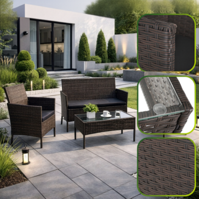 Set mobilier gradina VarioShop®, technoratan maro, cu canapea 2 locuri, 2 fotolii si masa cu blat din sticla [3]