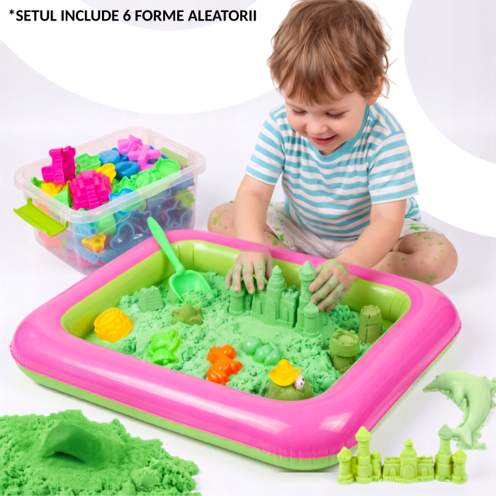Set nisip kinetic verde 3 kg VarioShop®, pentru copii 3 ani+, joacă creativă acasă, cu saltea gonflabilă, 6 forme și lopățică [5]