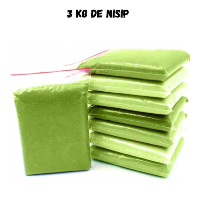 Set nisip kinetic verde 3 kg VarioShop®, pentru copii 3 ani+, joacă creativă acasă, cu saltea gonflabilă, 6 forme și lopățică [10]