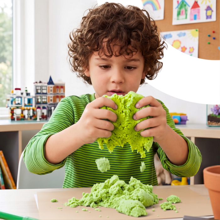 Set nisip kinetic verde 3 kg VarioShop®, pentru copii 3 ani+, joacă creativă acasă, cu saltea gonflabilă, 6 forme și lopățică [7]