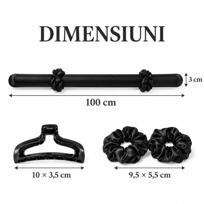 Set ondulator fara caldura VarioShop®, pentru bucle peste noapte, banda moale 100 cm, 2 elasticuri si clema de par incluse, negru satinat [3]