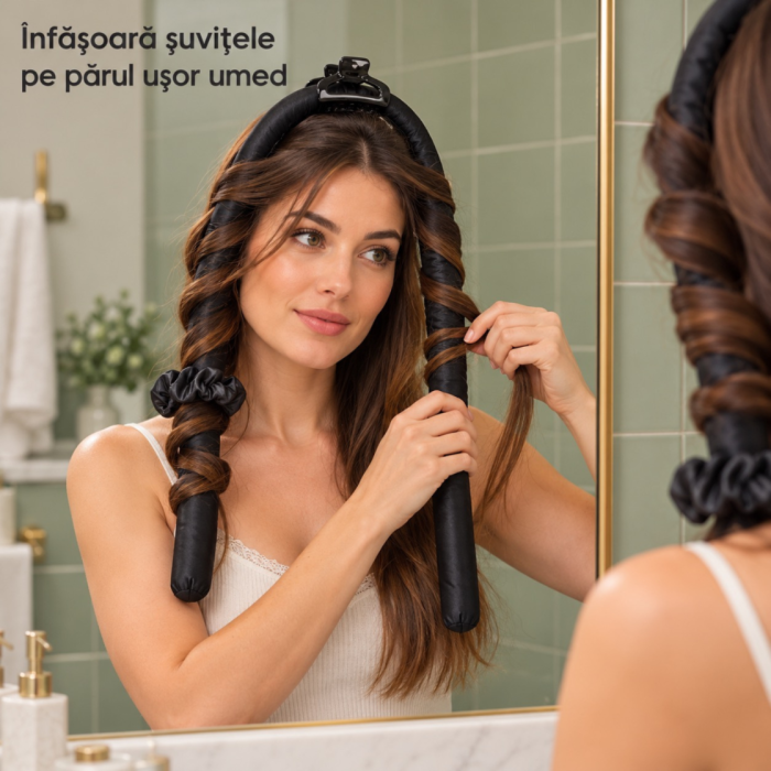 Set ondulator fara caldura VarioShop®, pentru bucle peste noapte, banda moale 100 cm, 2 elasticuri si clema de par incluse, negru satinat [4]