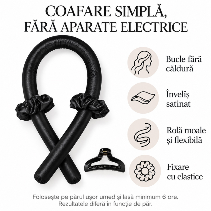 Set ondulator fara caldura VarioShop®, pentru bucle peste noapte, banda moale 100 cm, 2 elasticuri si clema de par incluse, negru satinat [2]