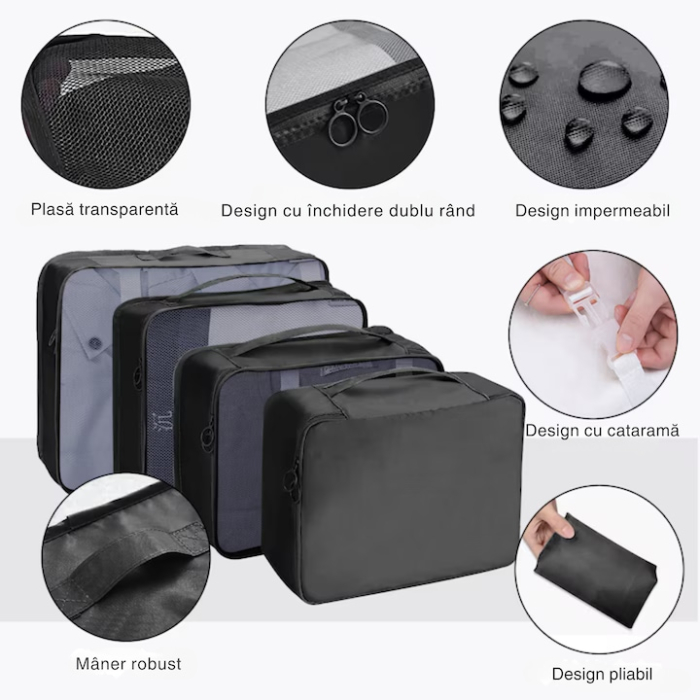 Set organizator de calatorie 8 in 1 VarioShop®, pungi, genti si trusa cosmetica, ideal pentru bagajul de mana, vacante, calatorii sau utilizare zilnica, Negru [2]