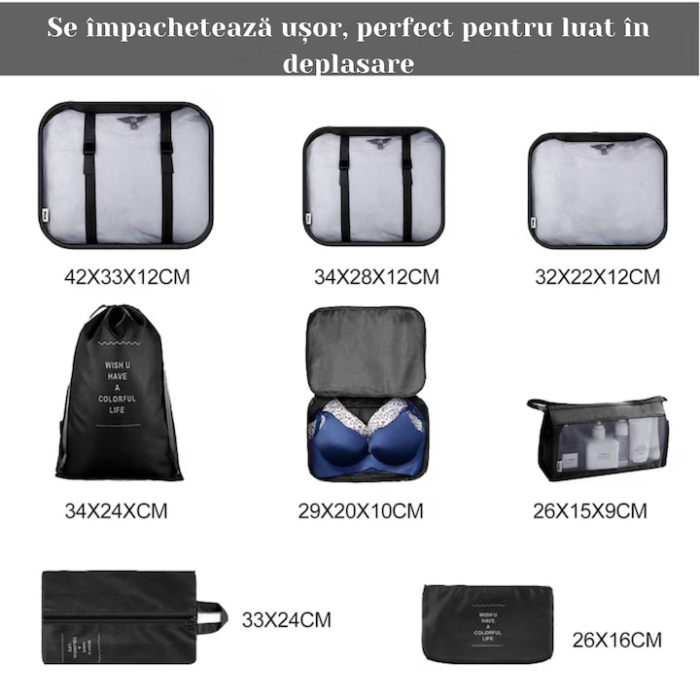 Set organizator de calatorie 8 in 1 VarioShop®, pungi, genti si trusa cosmetica, ideal pentru bagajul de mana, vacante, calatorii sau utilizare zilnica, Negru [5]