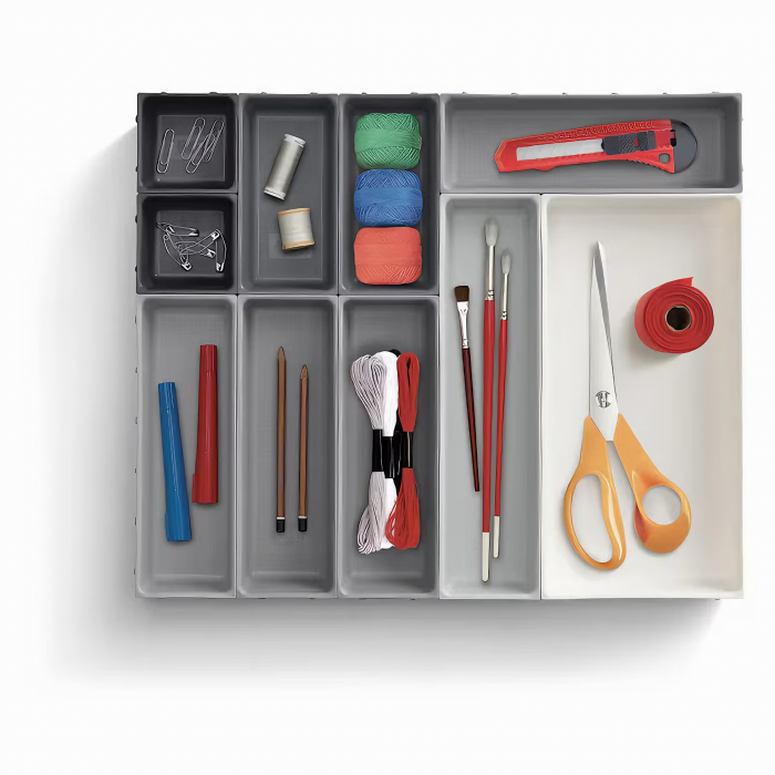 Set Organizator Multifunctional VarioShop®, 10 Recipiente de Diferite Marimi, Conectare Rapida Prin Carlige Speciale, Pentru Tacamuri, Unelte sau Alte Obiecte Mici, Montabil in Sertar, 52 x 43, 5 x 5  [3]