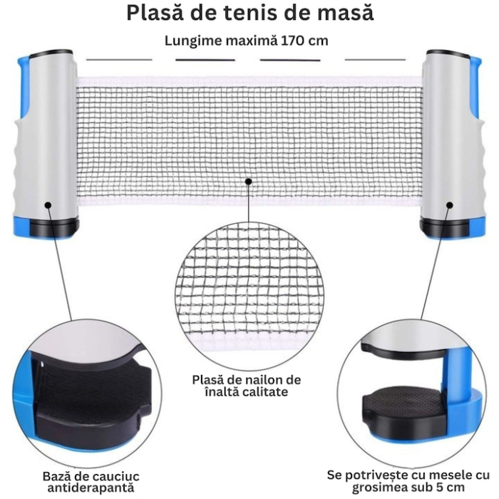 Set palete si fileu pentru tenis de masa si ping pong VarioShop®, 2 rachete, 3 mingi, plasa extensibila 170 cm, montaj rapid pe orice masa [3]