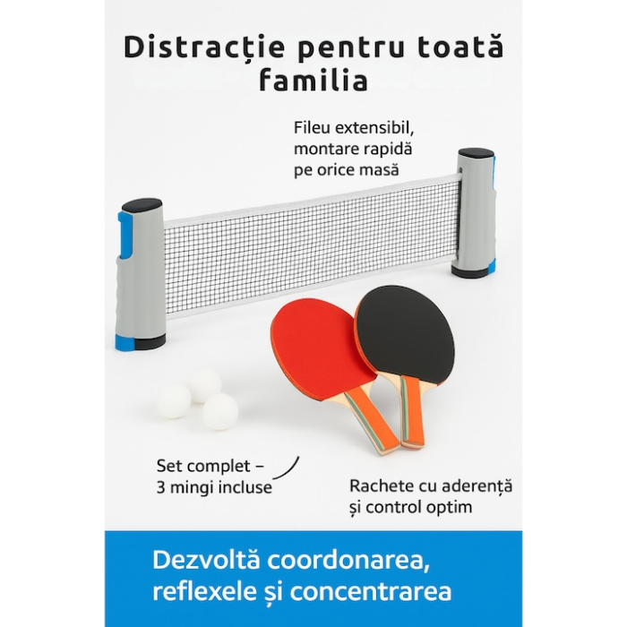 Set palete si fileu pentru tenis de masa si ping pong VarioShop®, 2 rachete, 3 mingi, plasa extensibila 170 cm, montaj rapid pe orice masa [2]