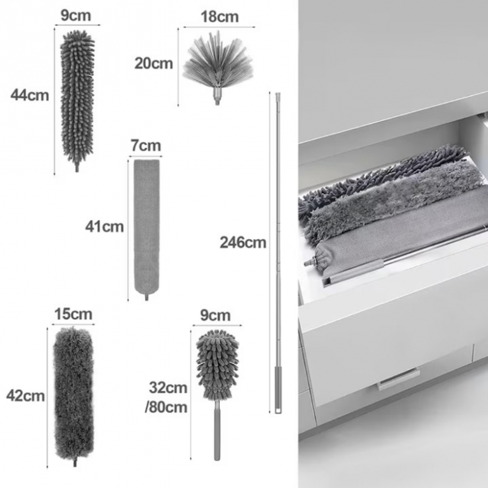 Set pamatuf 5 in 1 VarioShop®, Pentru Curatat Praful, Locuri greu Accesibile, Usor de Folosit/Curatat, Maner Aluminiu Extensibil Pana la 285 cm, Gri [7]
