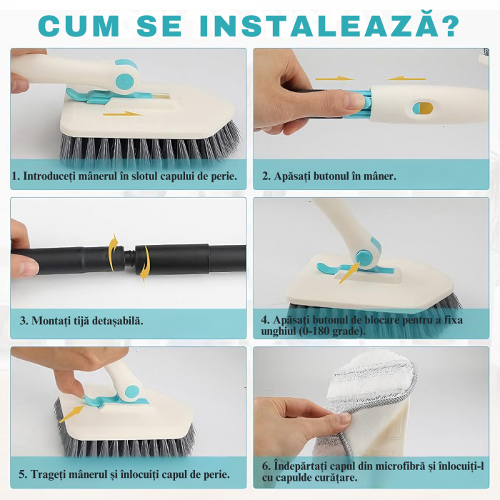 Set Perie Multifunctionala 3in1 VarioShop®, Multiple Utilizari, Maner Ergonomic, 2x Lavete Curatare, 1x Laveta Microfibra, 1x Perie Rigida, Rotire de 180°, Maner Lung Extensibil, 56cm-128cm, Alb [7]